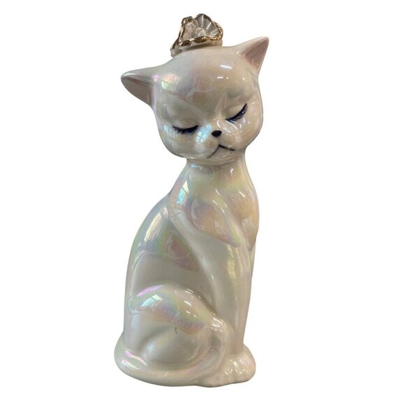 Vintage Ceramic Cat Figurine Lusterware Iridescent Finish Gold Crown Headpiece - Picture 1 of 9